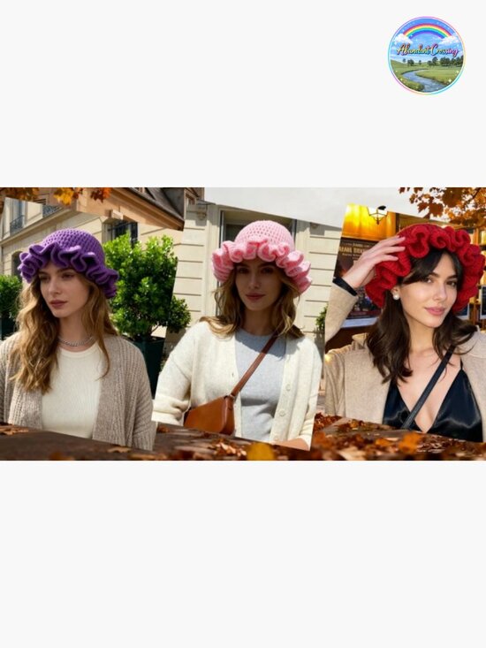 Crochet Bucket Hat Ruffled Brim Knitted Floppy Sun Hat for Women main image 4